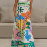 Margovil Spaghetti Strap High Waist Tropic Print Maxi Holiday Dress