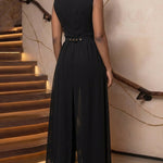 Women's Cowl Neck Wide Leg Jumpsuit High Waist Sleeveless Chiffon Overlay Spliced Evening Overalls with Belt