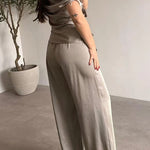 Asymmetrical Shoulder Ruched Top Straight Leg Pants Satin Set