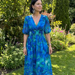 Candlia | Puff Sleeve V Neck Abstract Print Midi Dress