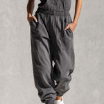 Stylish Simple Loose-fitting Sleeveless Stand-collar Front-buttoned Cotton Gray Jumpsuit