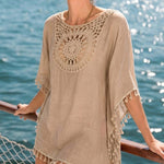 Women's Front & Back Reversible Beach Cover Up Crochet Lace Hollow Out Spliced Tassel Vacation Caftan Dress