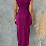 Ruched Cap Sleeve Side Slit Bodycon Midi Dress