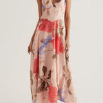 V Neck Halter Back Lace-up Floral Print Maxi Dress