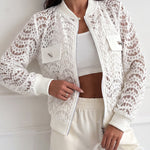 Women's Lace Hollow Out Bomber Jacket Sheer Wave Pattern Lace Zip Up Outerwear Ribbed Trim Coat