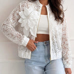 Women's Sheer Lace Bomber Jacket Lightweight Mesh See Through Crop Coat with Detachable 3D Floral