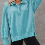 Half Snap Button Front Drop Shoulder Batwing Sleeve Sweatshirt Loose Fit Side Slit High-Low Hem Casual Top