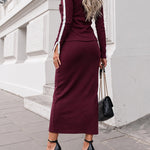 2 Pieces Outfit O-Neck Long Sleeve Slit Cuffs Top and Elastic Waist Slit Front Skirt Set Casual Contrast Striped Set