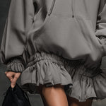 Casual And Fashionable Hooded Elastic Hem Gray Sweatshirt Mini Dress