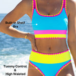 Color Contrast Patchwork Nylon Sporty 3 Piece Bikini Sets