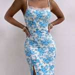 Women's Lace Patchwork Floral Cami Dress Slim Fit High Slit Backless Vacation Dress