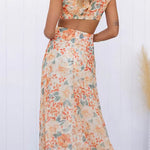Crewneck Cut Out Waist Floral Print Maxi Dress