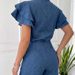 Women's Denim Look Two Piece Set Ruffle Short Sleeve Tie Neck Top and High Waist Shorts Casual Matching Set