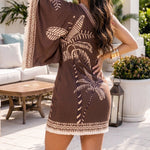 Women's Tropical Print One Shoulder Mini Dress Three Quarters Sleeve Fringe Hem Vacation Dress