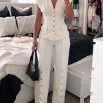 Women's 2-Piece Elegant Set Deep V-Neck Sleeveless Backless Pleated Top and Wide-Leg Pants Formal Outfit