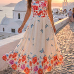 Women's Floral Butterfly Placement Print Cami Dress Shirred Back Sleeveless Vacation Sundress Casual Beach Maxi Dress