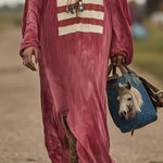 Vintage Casual Western Long Sleeve Flag Print Pink Cotton Loose Maxi Dress
