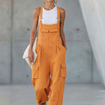 Orange Cotton-linen Multi-pocket Wide-leg Overalls