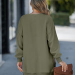 Letter Patch Detail Long Sleeve Drop Shoulder Pullover Sweatshirt Casual Zipper Side Slit Top