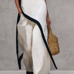 Temperament Casual Hooded White Black Trim White Cotton And Linen Asymmetrical Long Top And Pants Set