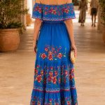 Margovil Off Shoulder Bow Waist Floral Print Ruffle Maxi Dress