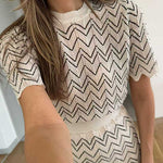 Crewneck Short Sleeves Zigzag Patterned Top
