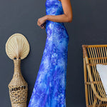 Asymmetric Shoulder Ruched Waist Floral Print Maxi Dress