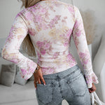 Women's French Floral Print Slim Fit Top Lace V Neck Double Layer Flared Cuffs Soft Stretch Knit Blouse