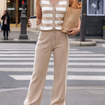 Women's 2 Piece Knit Outfits Striped V Neck Sleeveless Top and Side Stripe Straight Leg Pants Set Casual Loungewear