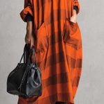 Vintage Fashion Ultra Loose V-neck Large Pockets Orange And Brown Wide Striped Maxi Dress