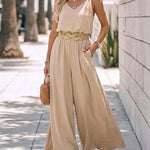 2 Pieces Outfit V-Neck Shoulder Bowknot Design Sleeveless Tank Top and Casual Zipper Fly Elastic Back Waist Wide Leg Pants Set without Belt