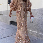 V Neck Lantern Sleeves Mesh Sequin Maxi Party Dress