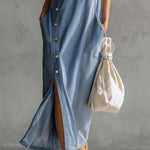 Exquisite Vintage Casual Hooded V-neck Zipper Side Slits Buttons Blue Denim Midi Dress