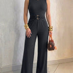 Women's Hollow-out Ribbed Wide Leg Jumpsuit Sleeveless Gold Ring Overalls