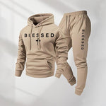 KZZ Men's Blessed Cross Letter Pattern Print Hoodie and Drawstring Sweatpants Set