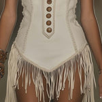 【24-hour shipping out】Elegant Western Chic Round Neck White Tassel Mini Dress