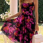 Women's Floral Print Cami Midi Dress Sexy Ruched Mesh A Line Sundress Elegant Spaghetti Strap Party Dress