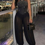Women's Rhinestone Cutout Jumpsuit Sleeveless Sheer Chiffon Lantern Leg Overalls