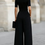 Minimalist Black Turtleneck Top & Wide-Leg Pants Co-ord Set