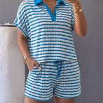 Women's Stripe Textured Two Piece Outfits Polo Top and Drawstring High Waisted Shorts Casual Lounge Set