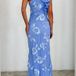 Sleeveless Ruffle One Shoulder Floral Mesh Maxi Dress