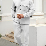 KZZ Men's two-piece casual suit with a stand-up collar long sleeves with a subtle texture