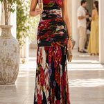 Strapless Abstract Floral Print Chiffon Maxi Dress