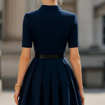 Navy Collared Zip-Front Pleated Mini Dress