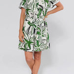 Short Sleeves Button Down Tie Waist Printed Mini Shirt Dress