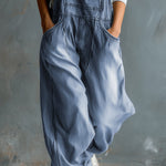 Casual Retro Washed Denim Blue Pocket Overalls