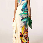 One Shoulder Sleeveless Floral Print Ruffle Hem Maxi Dress