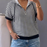 Women's Striped Half Zip Drawstring Hoodie Short Sleeve Sweatshirt Loose Contrast Trim Casual Pullover Top