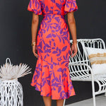 Short Sleeves Tie Waist Printed Ruffle Midi Dress