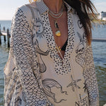 Margovil Collared V Neck Shirt and Side Slit Shorts Vitamin Sea Print Set